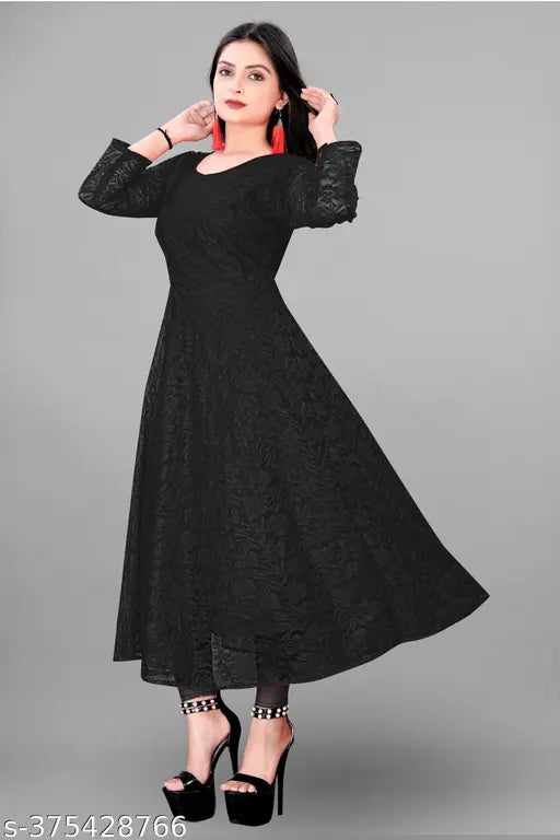 Net embroidered Anarkali Kurti gown for women, three-quarter sleeves, Indian wedding casual partywear