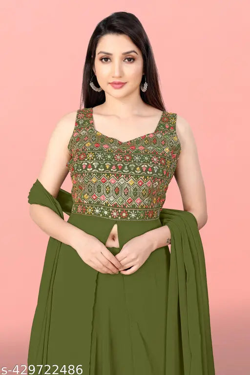 Designer Georgette embroidered Kurta with Dupatta and bottomwear, sleeveless, ready-to-wear, S(36), M(38), L(40), XL(42), XXL(44). Indian handcrafted fashion
