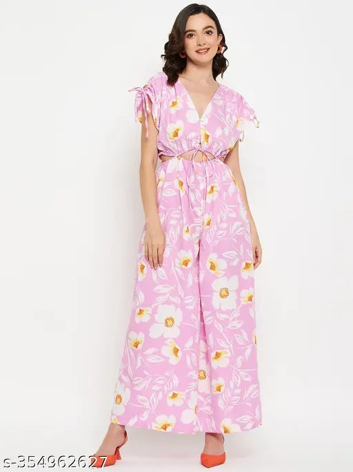 Pink floral print crepe women's jumpsuit, short sleeves, printed net design, size S-XL, India origin