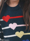 Multicolor acrylic sweater for girls, self-designed round neck with long sleeves
