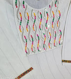 White multicolor embroidered Afghani suit with dupatta and bottomwear for women - cotton fabric, three-quarter sleeves, stitched, single size, India origin