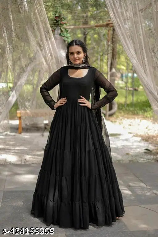 Raya black georgette gown, long sleeve solid black evening dress on hanger, XS size (bust 34in, shoulder 14in)
