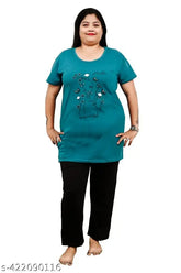 Teal hosiery long top & bottom pajama night set with graphic print, slant pockets, L-7XL sizes