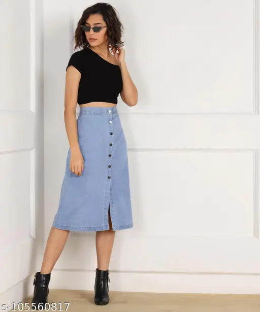 Stylish denim midi skirt, solid color, western design for women's summer wear