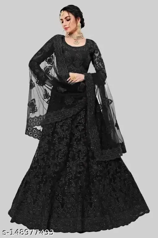 Embroidered heavy lehenga-choli set in net fabric, semi-stitched (44in waist, 42in length), Indian origin
