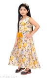 Gold cotton blend digital print gown for girls, perfect party wear with intricate design and imported fabric. Suitable for Indian festivals like Diwali, Navratri, or weddings. Sizes available from 1-2 years to 10-11 years. Made in India