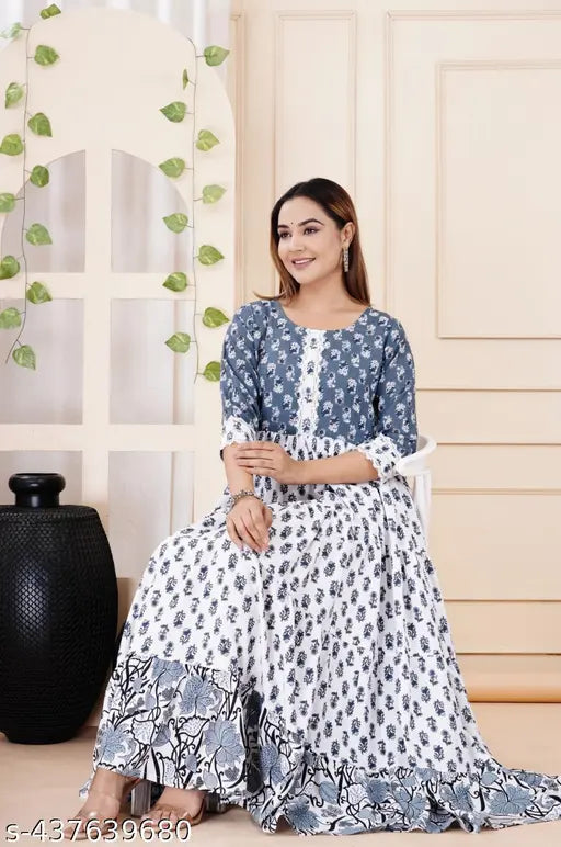 Blue rayon anarkali gown, three-quarter sleeves, Indian printed combo for women, available in sizes S-XXXL