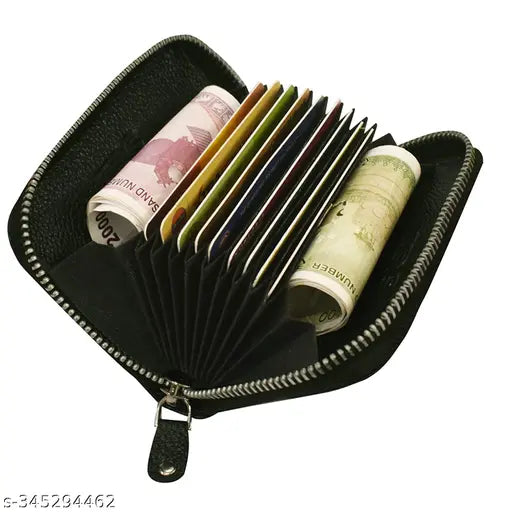Textured black leather RFID blocking 5-compartment men's wallet, perfect for organizing cards and cash (12 cards, 2 bills pockets)