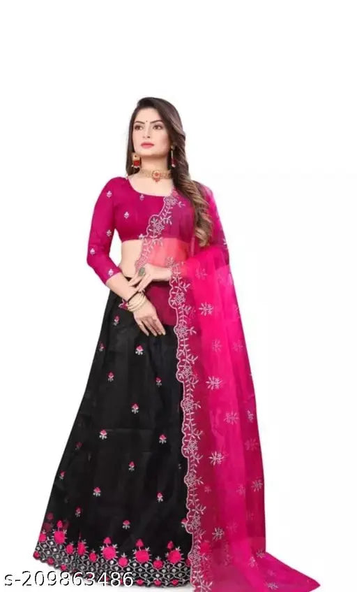 Embroidered dupion net lehenga choli with heavy silk blouse and embroidered net dupatta, free size, up to 44 inch waist, 41-43 inch length