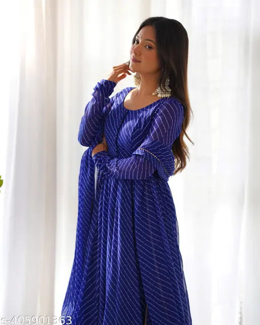 Pure Fox Georgette Laheriya print anarkali dress with dupatta set, ready-to-wear, dyed/washed net fabric, three-quarter sleeves, XS-XXL sizes