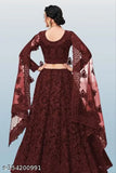 Embroidered maroon semi-stitched lehenga choli set on mannequin, Indian net fabric with intricate embroidery details