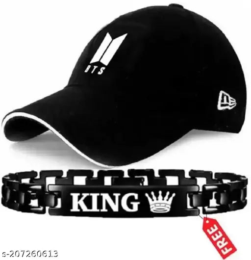 Black cotton baseball cap with adjustable strap and king bracelet, Men's BTS style, free size, solid design from India