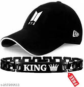 Black cotton baseball cap with adjustable strap and king bracelet, Men's BTS style, free size, solid design from India