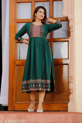 Rayon, embroidered 3/4 sleeve Naira Kurti with button and lace work, Indian traditional fashion