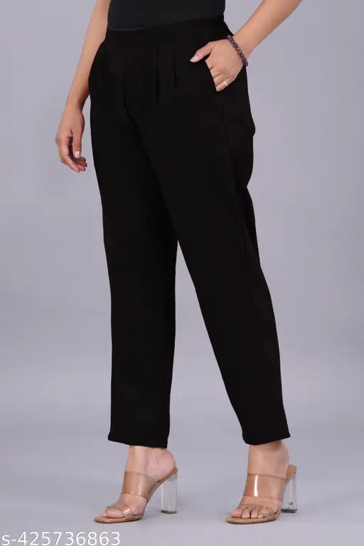Solid cotton Venitywave trousers for women, ankle length, elastic waist, two side pockets, high rise, slim fitting, made in India