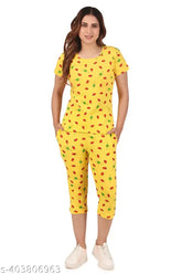 Cotton blend capri set with printed net, perfect for relaxing at home - women's style