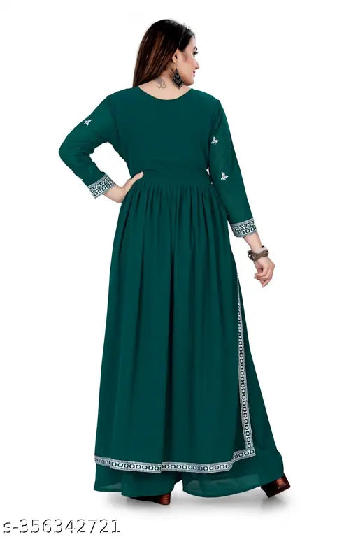 Georgette embroidered Nayra cut straight fit gown, three-quarter sleeves with palazzo bottoms, Indian craftsmanship