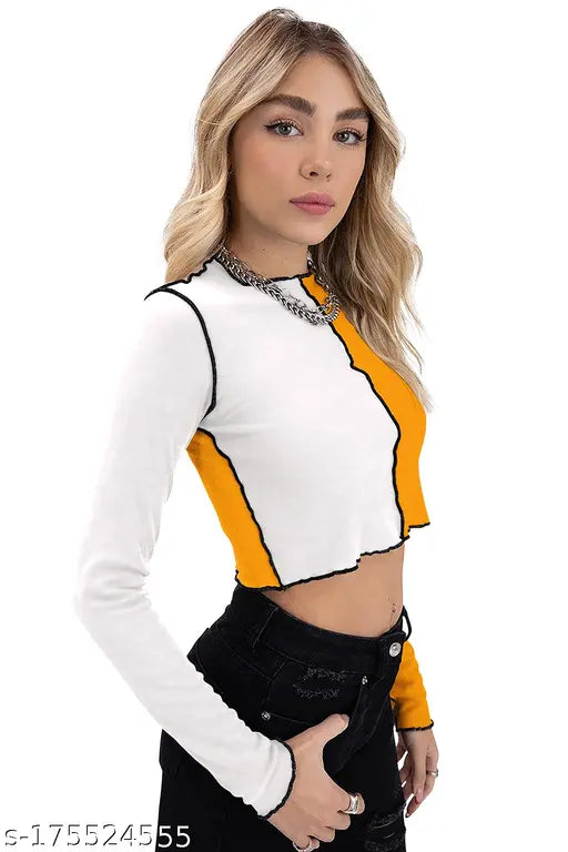 Yellow polyester lycra crop top with color block pattern for women and girls, India-made