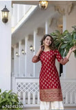 Red and white rayon printed kurti set with palazzos, 3/4th sleeves, round neck, and a highlighted design. Comfortable for all-day wear, designed per latest trends. Indian origin