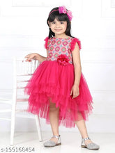 Magenta net high-low party dress for girls aged 1-2 years, printed with toy balloons theme, India origin