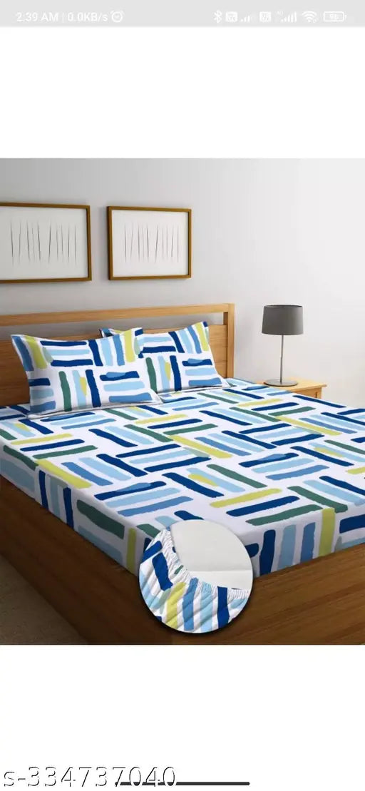 White geometric cotton superfine elastic double bedsheet with 2 pillow covers, ideal for summer use at home