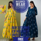 Rayon printed maternity dress with trendy zip detail, featuring combo sizes M-XXL, ideal for expecting mothers