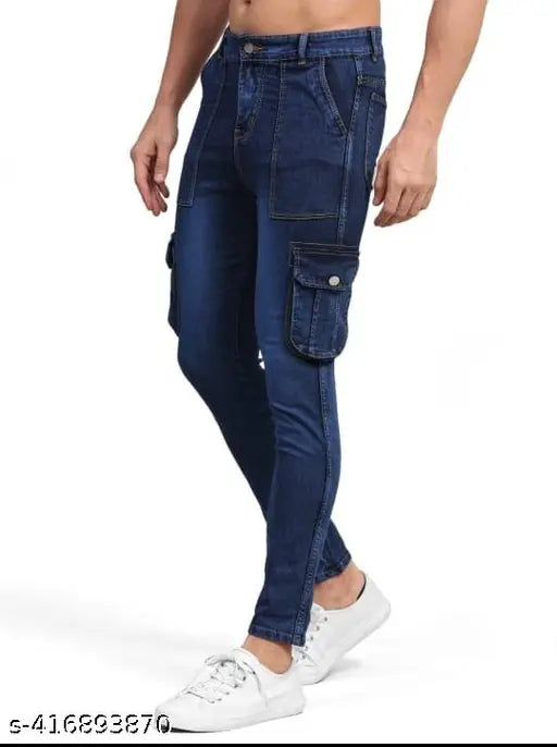 Blue denim 6-pocket jeans, dyed/washed style, size 28 (waist 28in, length 39in, hip 34in), made in India