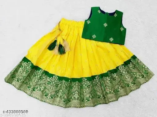 Cotton silk kids Lehanga Choli with art silk dupatta, sleeveless self-design. Indian ethnic wear for festivals and special occasions, available in multiple colors
