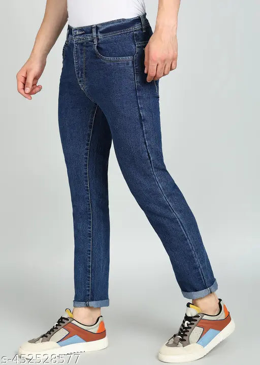 Dark blue cotton blend men's skinny jeans with jacquard texture, flat finish - trendy cropped length, unique style for fashion-forward individuals. Sizes available: 28, 30, 32. Made in India