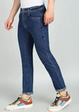 Dark blue cotton blend men's skinny jeans with jacquard texture, flat finish - trendy cropped length, unique style for fashion-forward individuals. Sizes available: 28, 30, 32. Made in India