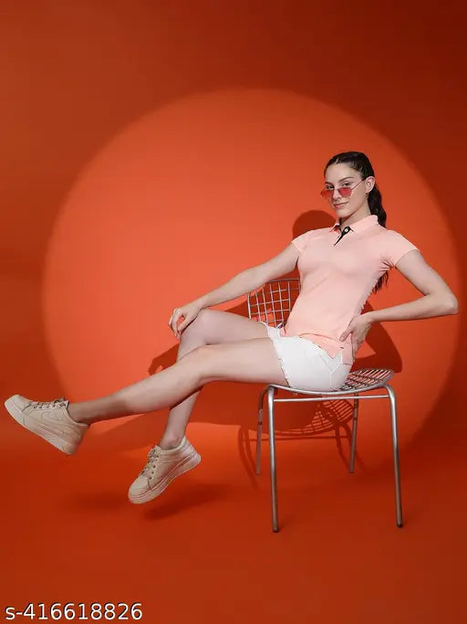 Soft pink solid polyester short sleeve women's t-shirt, breathable and quick dry, perfect casualwear