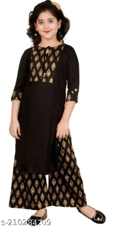 Rayon kids red printed kurta palazzo set, stylish straight-cut top with three-quarter sleeves, perfect for girls aged 3-13, Indian fashion