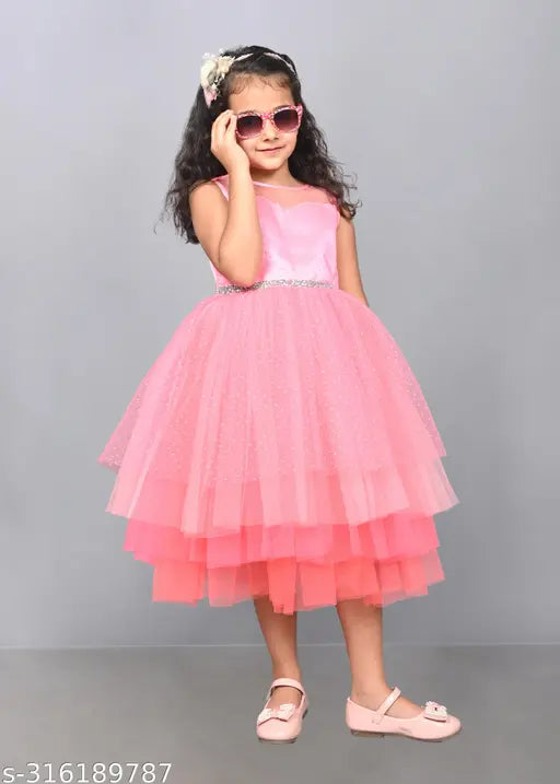 Pink net knee-length girls' party dress with embellished net, suitable for 1-2 year olds