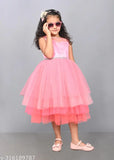 Pink net knee-length girls' party dress with embellished net, suitable for 1-2 year olds