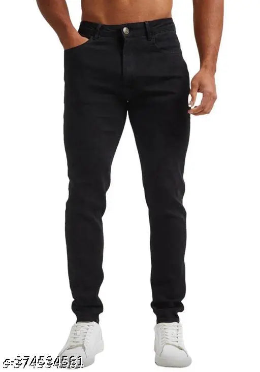 Men's black stretchable denim jeans, slim fit, solid pattern, available in sizes 26, 28, 30, and 32