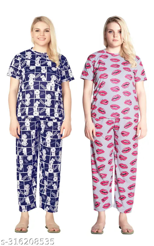 Stylish printed polyester payjama set for women, featuring short sleeves and round neck top with matching bottoms, available in sizes S and M