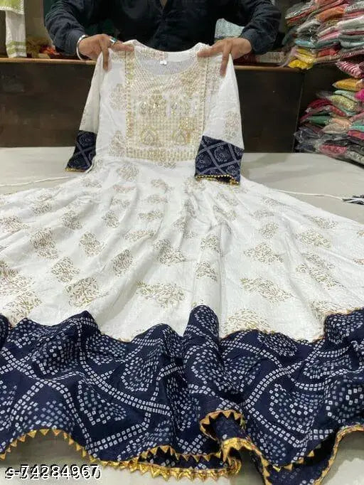 Rayon printed Anarkali kurtis with three-quarter sleeves, ideal for partywear from India