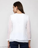 Embellished white Georgette top with 3/4 sleeves, round neckline. Elegant ethnic wear from Prettify Fashion, India