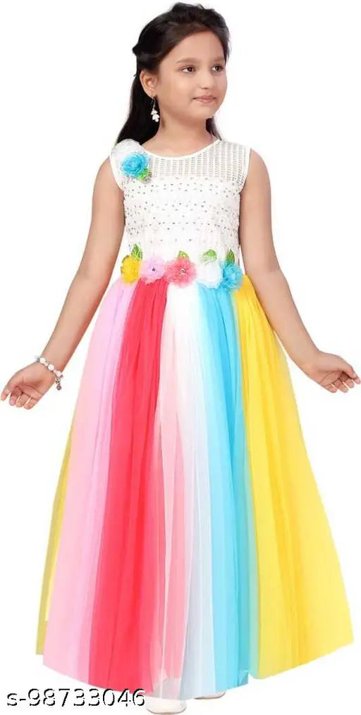 Fancy partywear dress for girls, colorblocked net sleeveless. 7-8 years size, bust 34in & length 42in