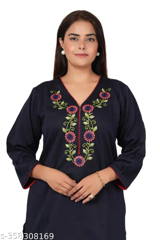 Woolen fleece women's winter nightwear top & pyjamas with pocket, embroidered net design, super soft fabric, ideal for daily use in winters