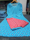 Sky Cotton Kurta Set, printed net three-quarter sleeve cotton kurti with palazzos set on mannequin, single size XL/XXL, Indian cotton clothing