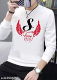 White polyester long sleeve alphabetic print t-shirt for men, typography design on chest
