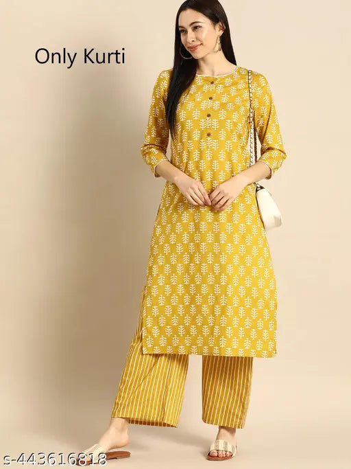 Women's rayon printed straight kurti with three-quarter sleeves, vibrant Indian print on display. Available sizes XS to XXXL