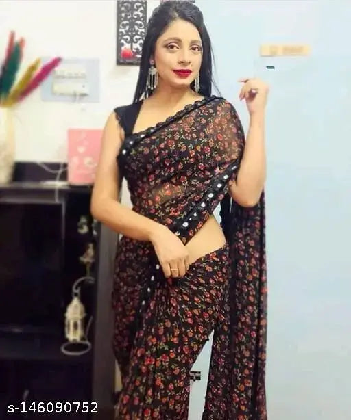 Georgette flower print saree with separate blouse, animal-inspired design, full-length 5.5m, India origin