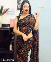 Georgette flower print saree with separate blouse, animal-inspired design, full-length 5.5m, India origin