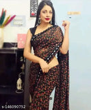 Georgette flower print saree with separate blouse, animal-inspired design, full-length 5.5m, India origin