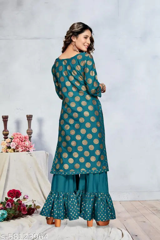 Gold-foil printed straight kurta with sharara, pure rayon fabric for casual or party wear