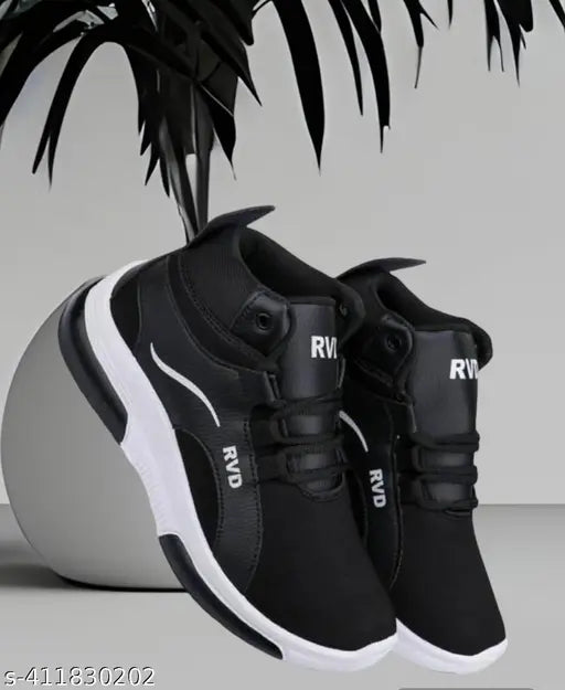 Black mesh kids' casual shoes with lace-up fastening, memory foam insole, and printed net pattern. Ideal for boys ages 5-12 years. Easy to wash. Made in India