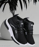 Black mesh kids' casual shoes with lace-up fastening, memory foam insole, and printed net pattern. Ideal for boys ages 5-12 years. Easy to wash. Made in India