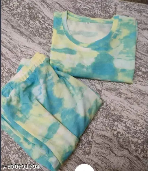 Attractive tie-dye women's crepe pyjamas tops and bottoms, printed with vibrant patterns, short sleeves, available in S, M, L, XL sizes